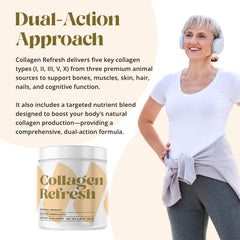 Collagen Refresh joint support shown beside bottle on countertop.