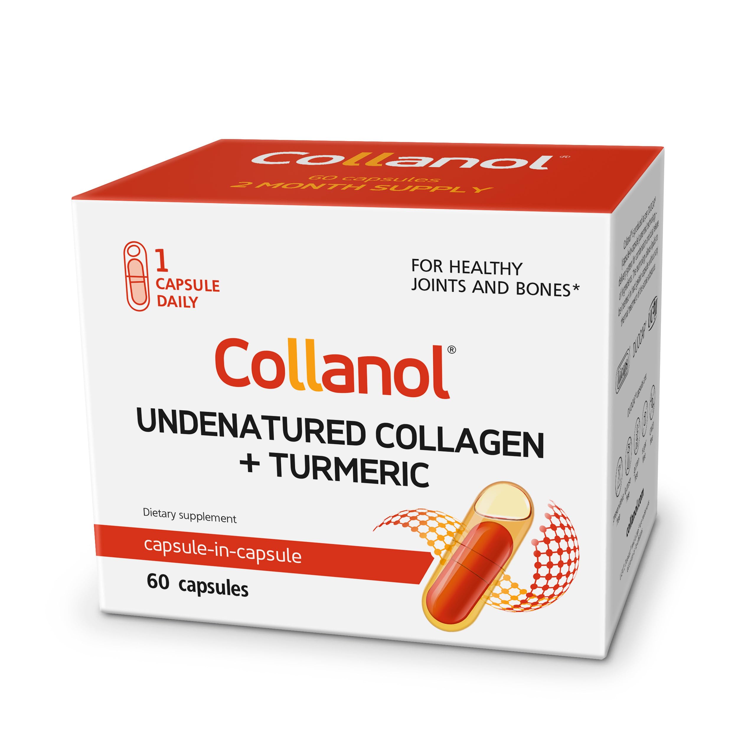 Collanol liquid formula bottle with dual capsules for joint support.