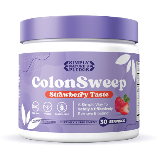 ColonSweep strawberry flavor bottle shows a gut-friendly fiber and probiotic blend for daily digestive support.