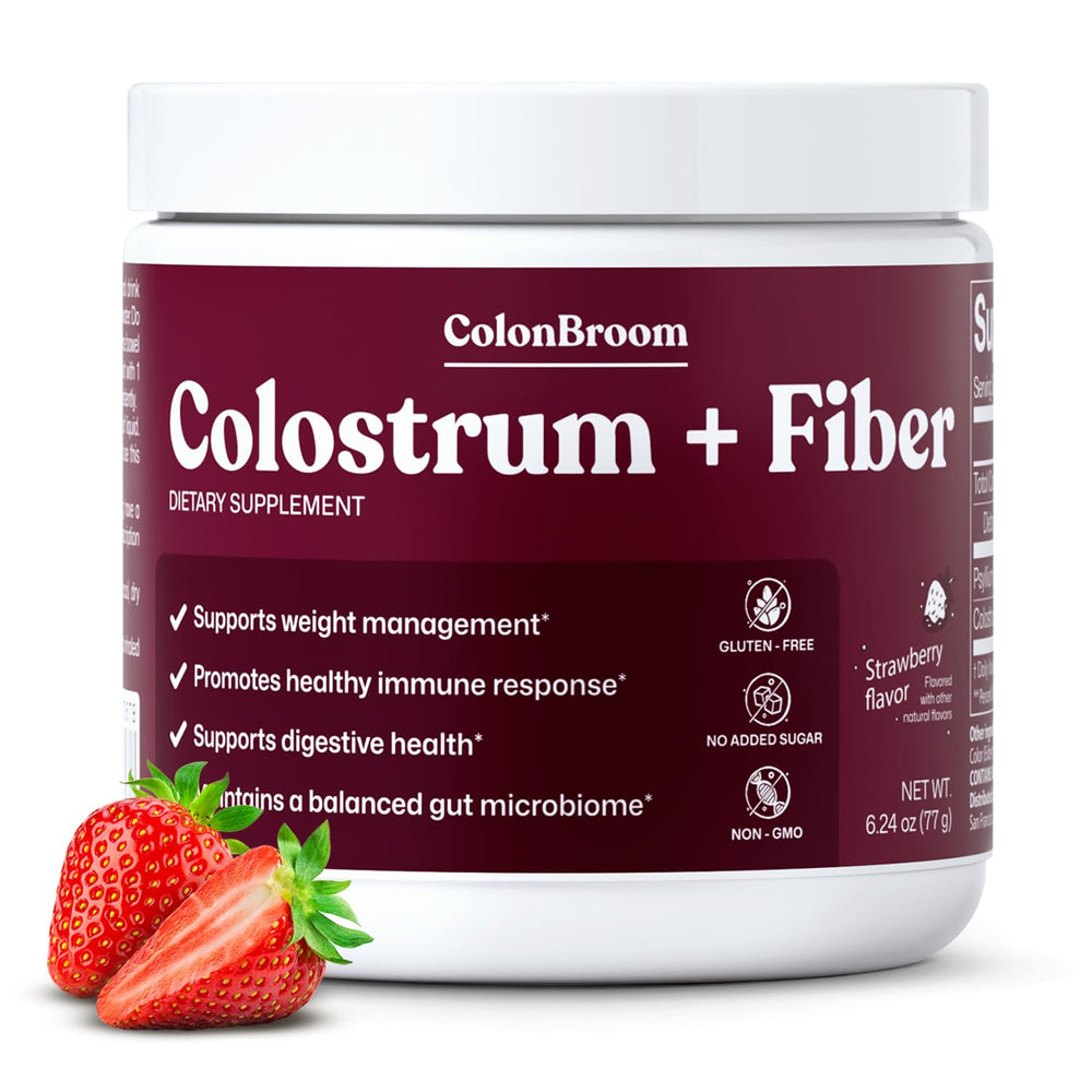 ColonBroom bottle pour demonstrates easy daily mixing for gut support.