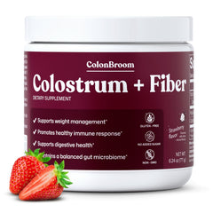 ColonBroom bottle pour demonstrates easy daily mixing for gut support.