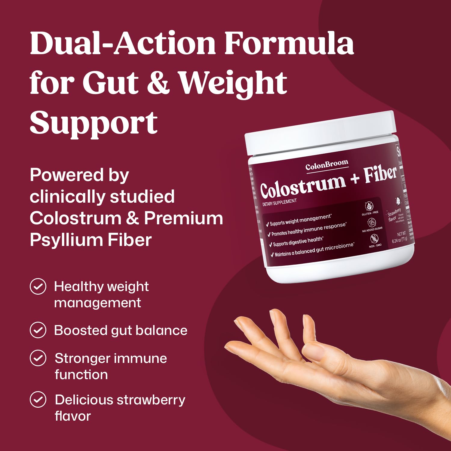 Close-up of ColonBroom colostrum powder highlights immune and gut support potential.