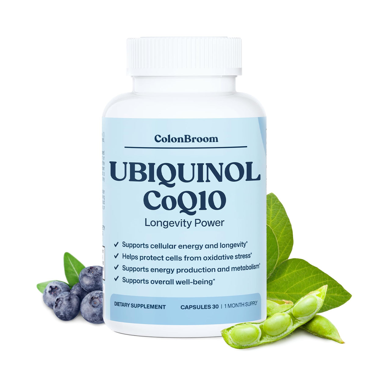 ColonBroom CoQ10 100mg bottle highlighting daily wellness support.