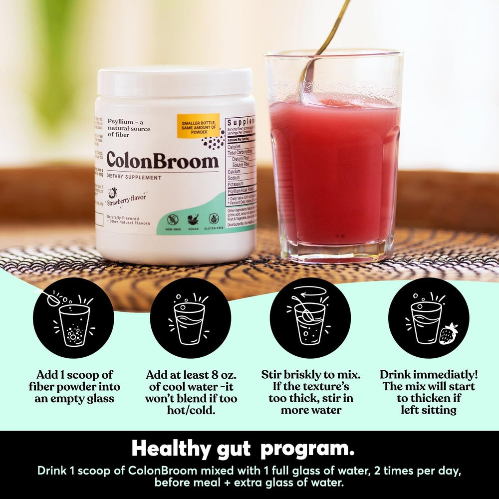 ColonBroom daily digestive routine photo suggesting regularity with fiber powder.