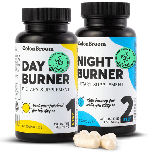 ColonBroom Day Burner capsules on shelf, a daytime option to support energy-friendly wellness.