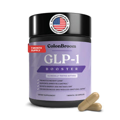 ColonBroom GLP-1 bottle with pour demonstrates easy daily digestion support