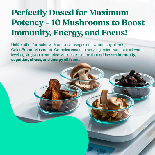 ColonBroom bottle label close-up emphasizing immunity support from mushroom extracts