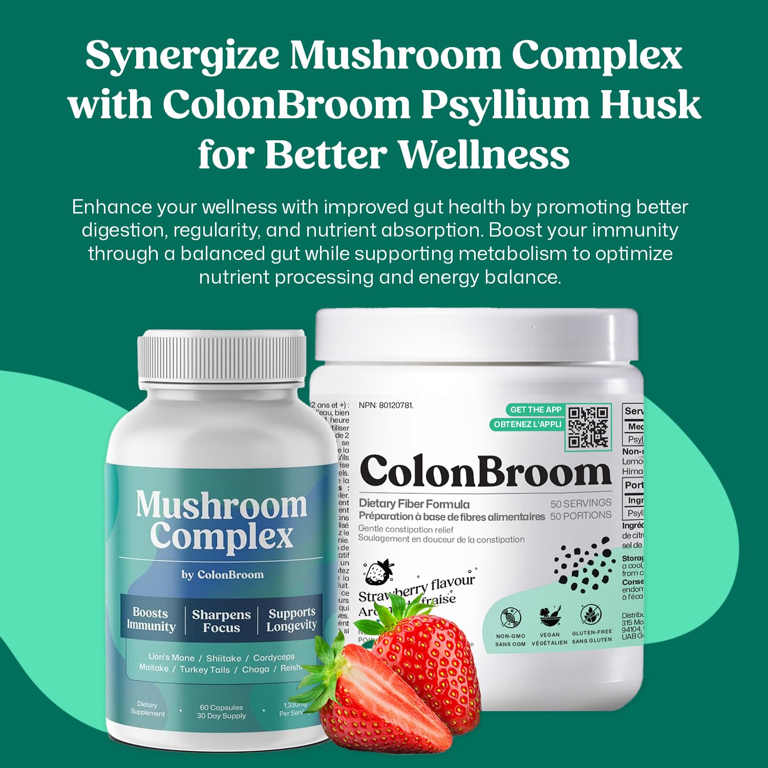 ColonBroom bottle with water and glass, encouraging daily use