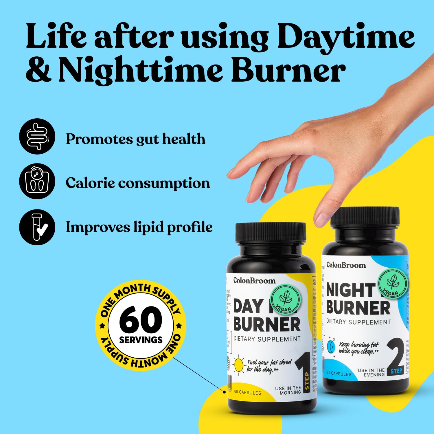 ColonBroom Night Burner capsules beside bottle, supports nighttime weight-aware routines during sleep.