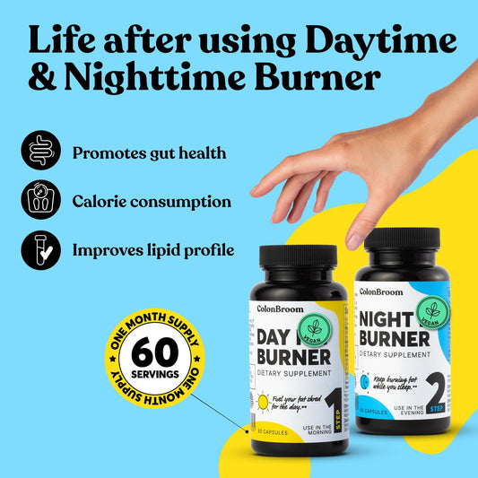 ColonBroom Night Burner capsules beside bottle, supports nighttime weight-aware routines during sleep.