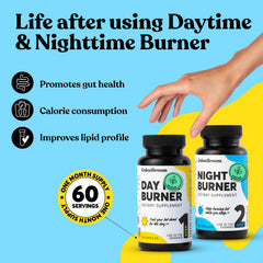 ColonBroom Night Burner capsules beside bottle, supports nighttime weight-aware routines during sleep.
