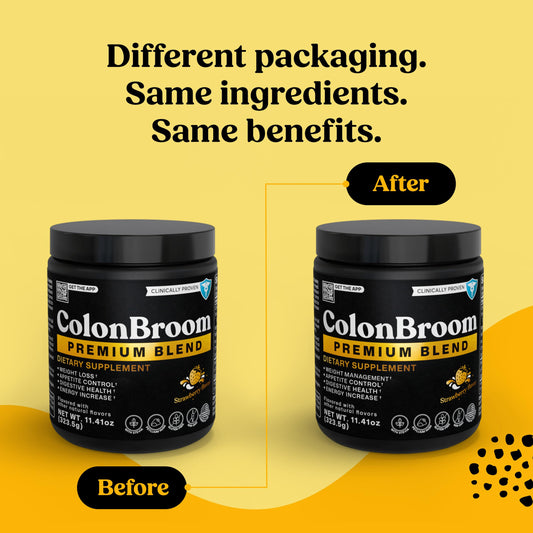 ColonBroom Premium Strawberry label detail highlighting gluten-free, non-GMO formula