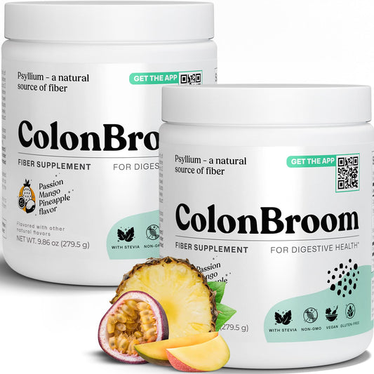 ColonBroom psyllium husk powder bottle promotes gentle gut balance.