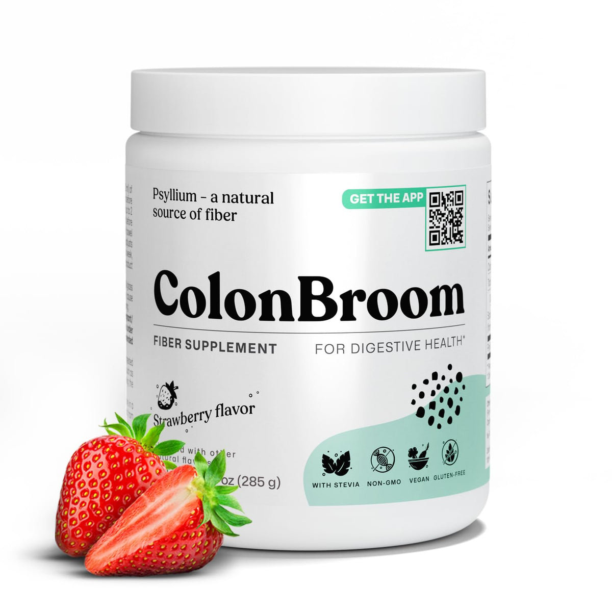 ColonBroom psyllium husk powder strawberry bottle supports daily fiber intake and gut balance.