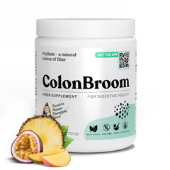 ColonBroom psyllium husk powder tropical fruits bottle for gentle gut support.