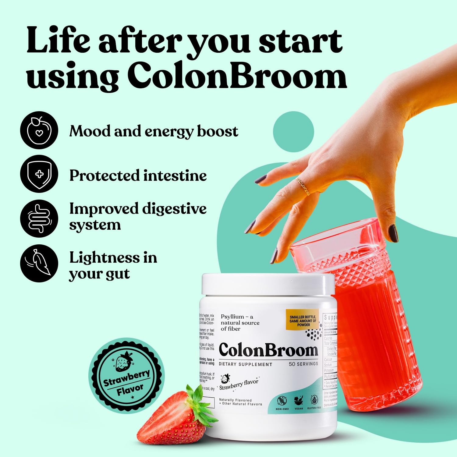 ColonBroom psyllium powder closeup focusing on fine texture and 85% psyllium content.