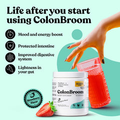 ColonBroom psyllium powder closeup focusing on fine texture and 85% psyllium content.
