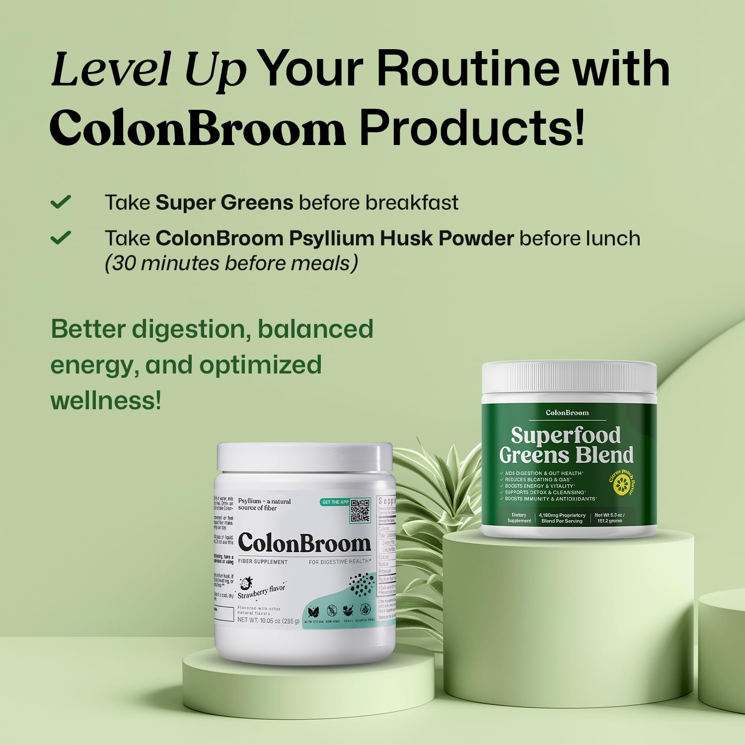 ColonBroom greens powder in smoothie, suggesting detox and energy support