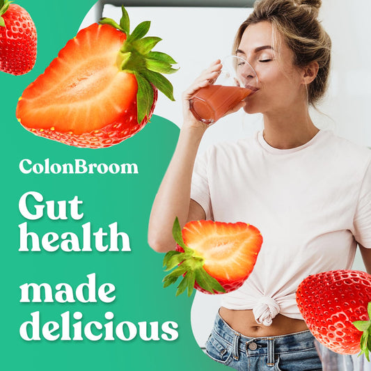 ColonBroom strawberry fiber shake glass shows refreshing flavor and convenient mixed-in hydration.