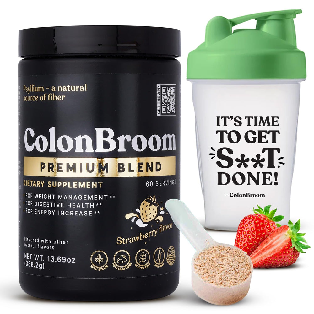 ColonBroom strawberry powder bottle shows a flavorful fiber supplement for gut health support.