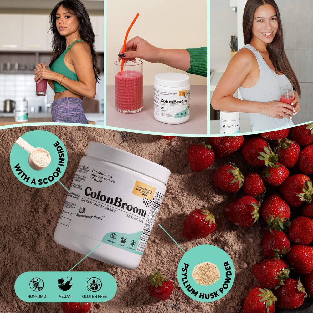 ColonBroom vegan gluten-free non-GMO label on jar communicates clean standards.