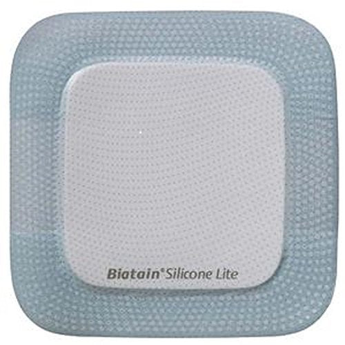Coloplast Biatain Silicone Lite 3x3 dressing with 1.38x1.38 pad; conforms to wound bed while absorbing exudate.
