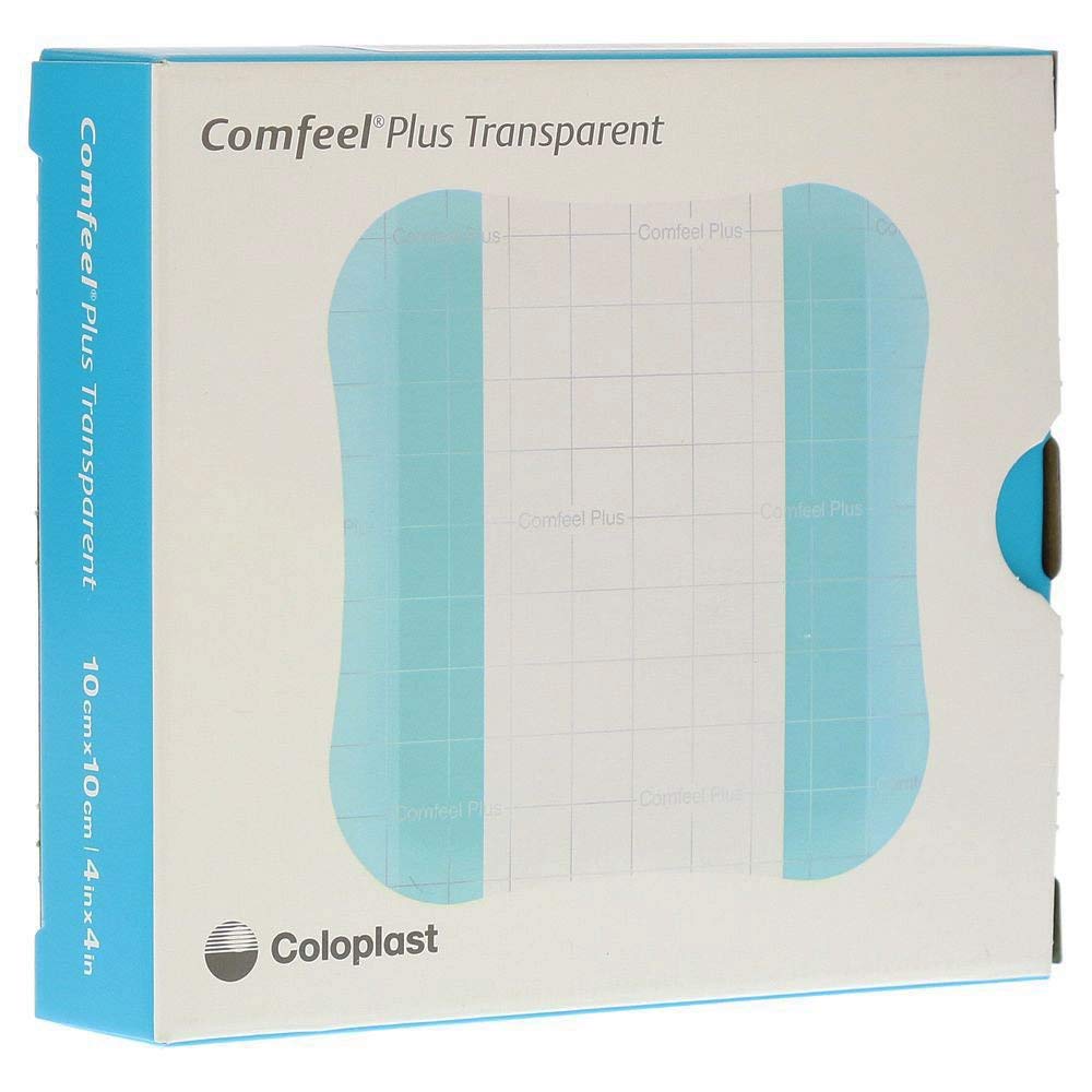 Coloplast Comfeel Plus Transparent Dressing 4x4 with border film backing, provides discreet protection and comfort.
