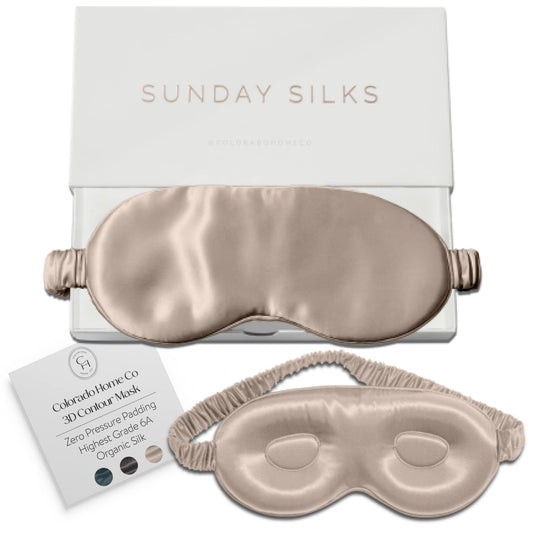 Colorado Home Co Sundaysilks 3D-contoured mask close-up shows zero-pressure fit for dark sleep
