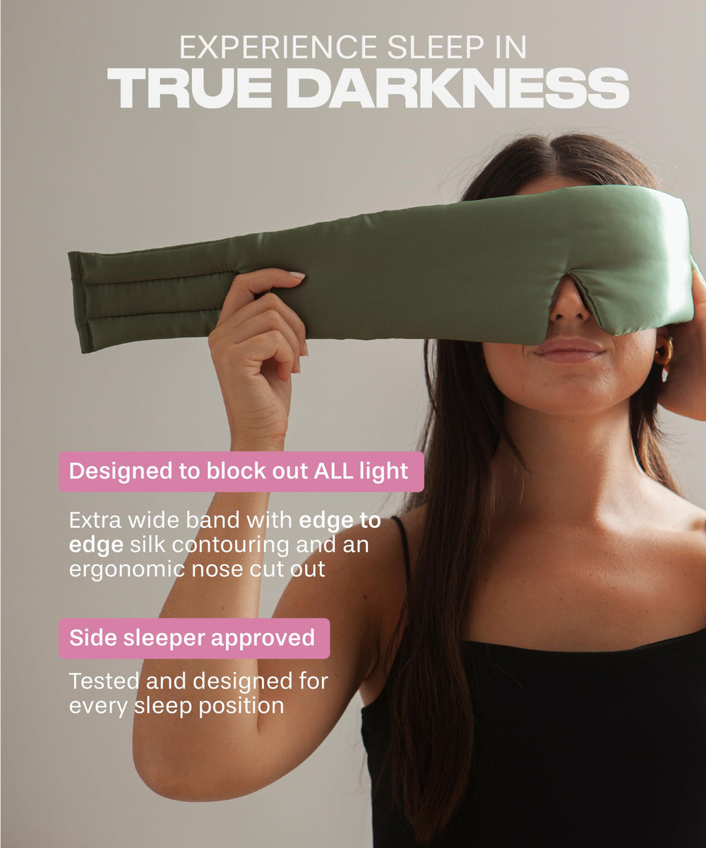 Adjustable fit Sundaysilks silk eye mask for personalized comfort for side sleepers.