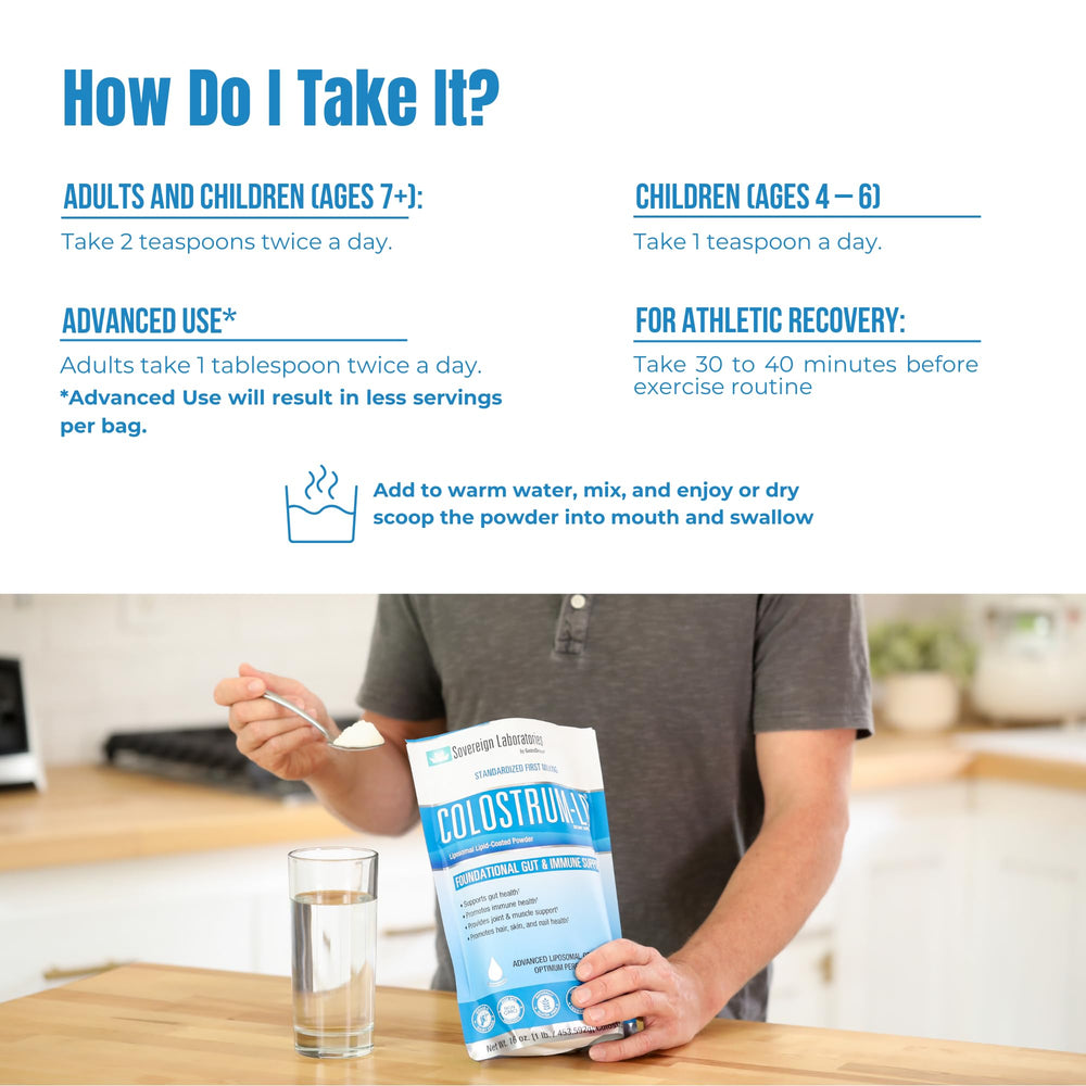 Colostrum-LD bottle nutrition panel with serving details
