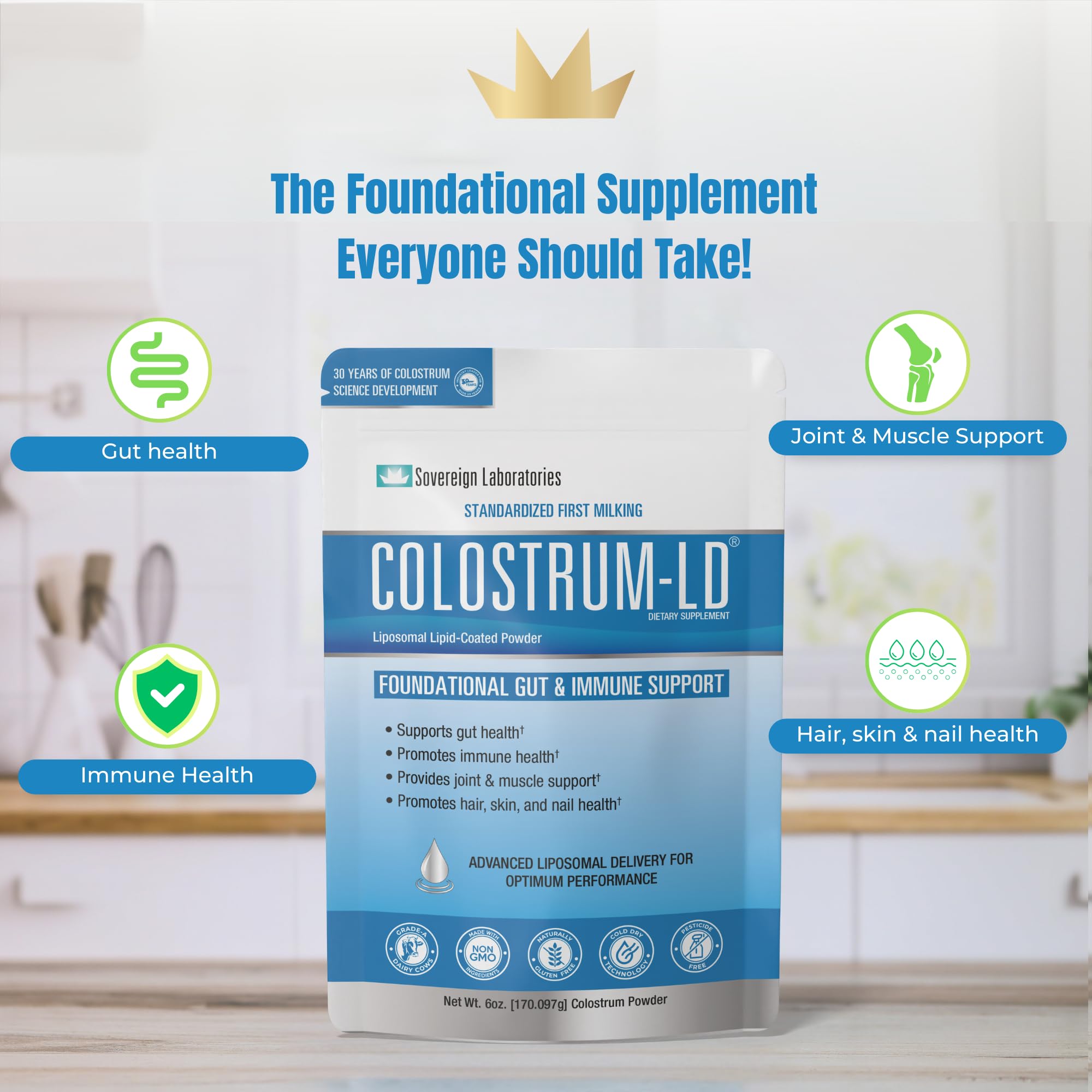 Colostrum-LD liposomal delivery icon suggests enhanced absorption