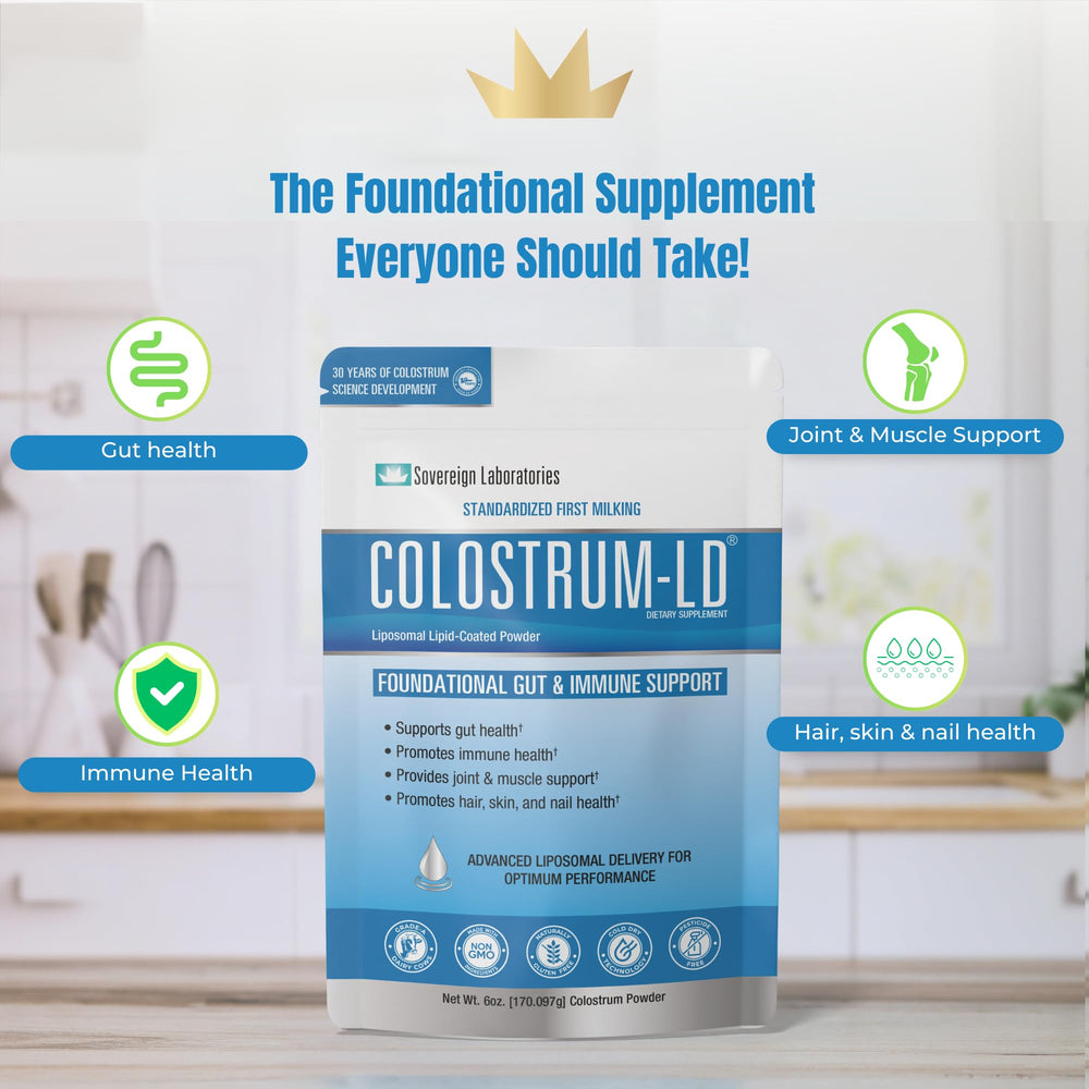 Colostrum-LD liposomal delivery icon suggests enhanced absorption