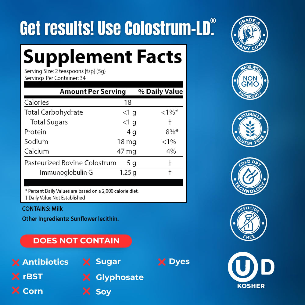 Colostrum-LD powder with scoop inside a jar for convenient serving