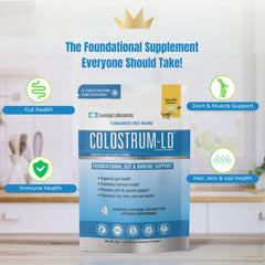 Colostrum-LD vanilla powder tub emphasizes gluten-free and lactose-reduced formula.