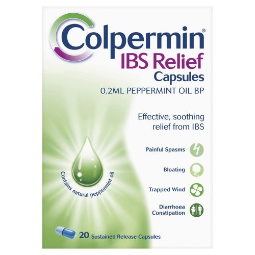 Colpermin peppermint oil capsules bottle, soothing IBS cramps and bloating.