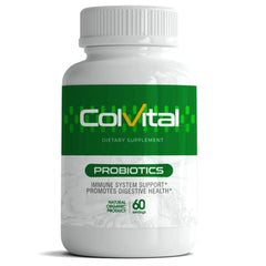 Colvital probiotic bottle front, highlighting a natural, additive-free formula for daily use
