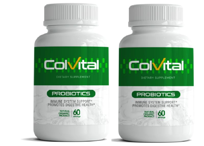 Colvital probiotic bottle label closeup, showing 60 capsules per box for daily use