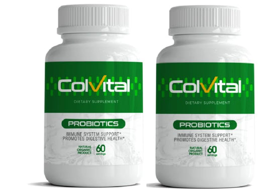 Colvital probiotic bottle label closeup, showing 60 capsules per box for daily use