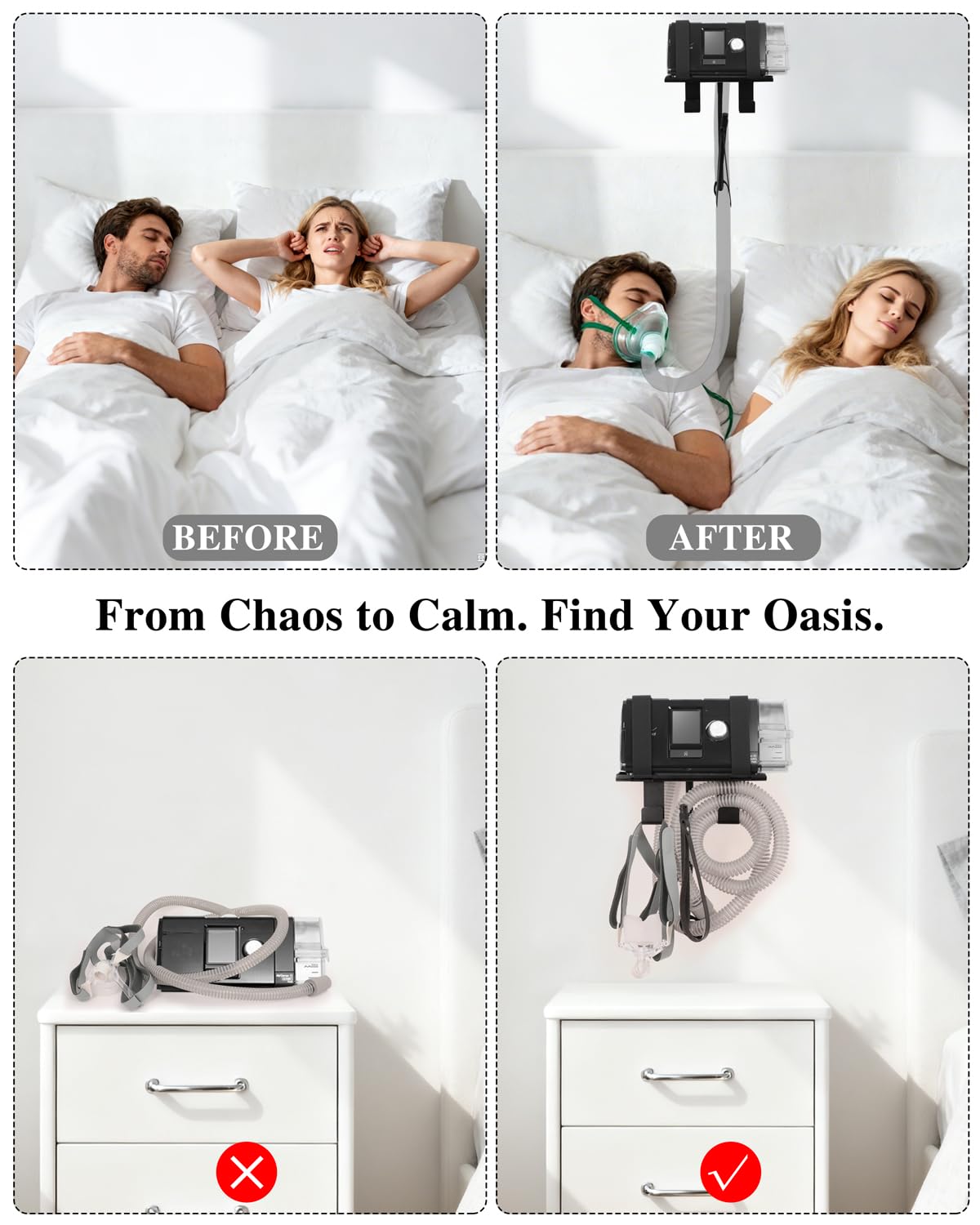 Comeacross dual-hook CPAP organizer keeps essentials nearby.