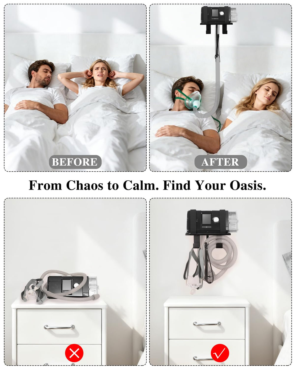 Comeacross dual-hook CPAP organizer keeps essentials nearby.