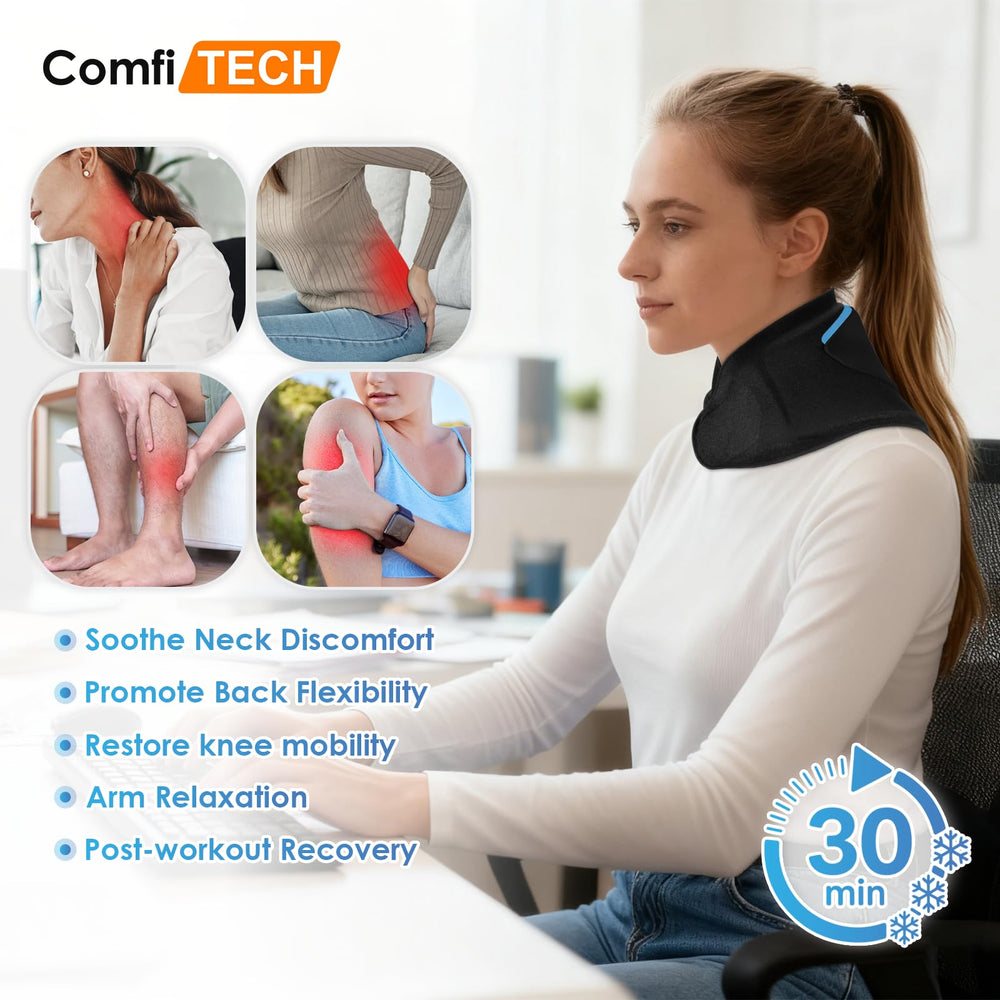 ComfiTECH Flexible Gel contours shoulders for snug, hands-free cooling.