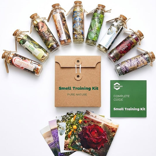 ComfiCare smell training kit with nine botanical vials for structured aroma practice.