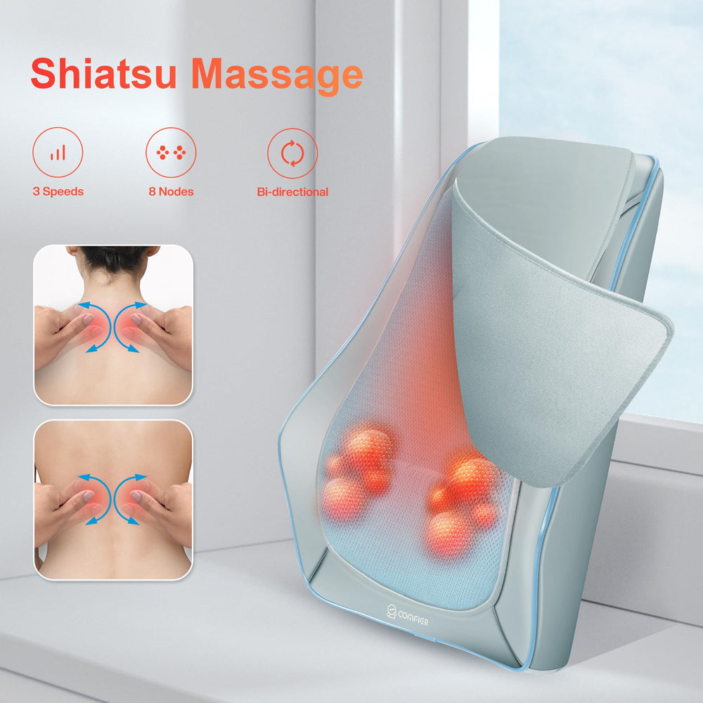 Ergonomic back fit supports balanced pressure along the spine with COMFIER massager.