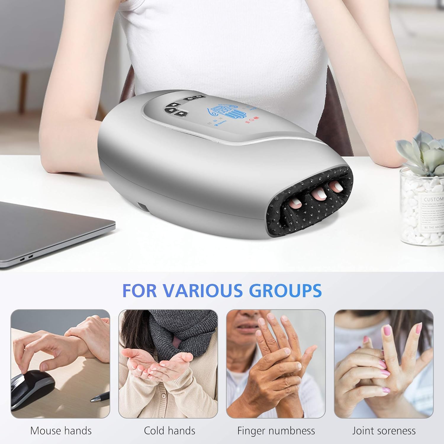 COMFIER hand massager with heat warms the hands during use.