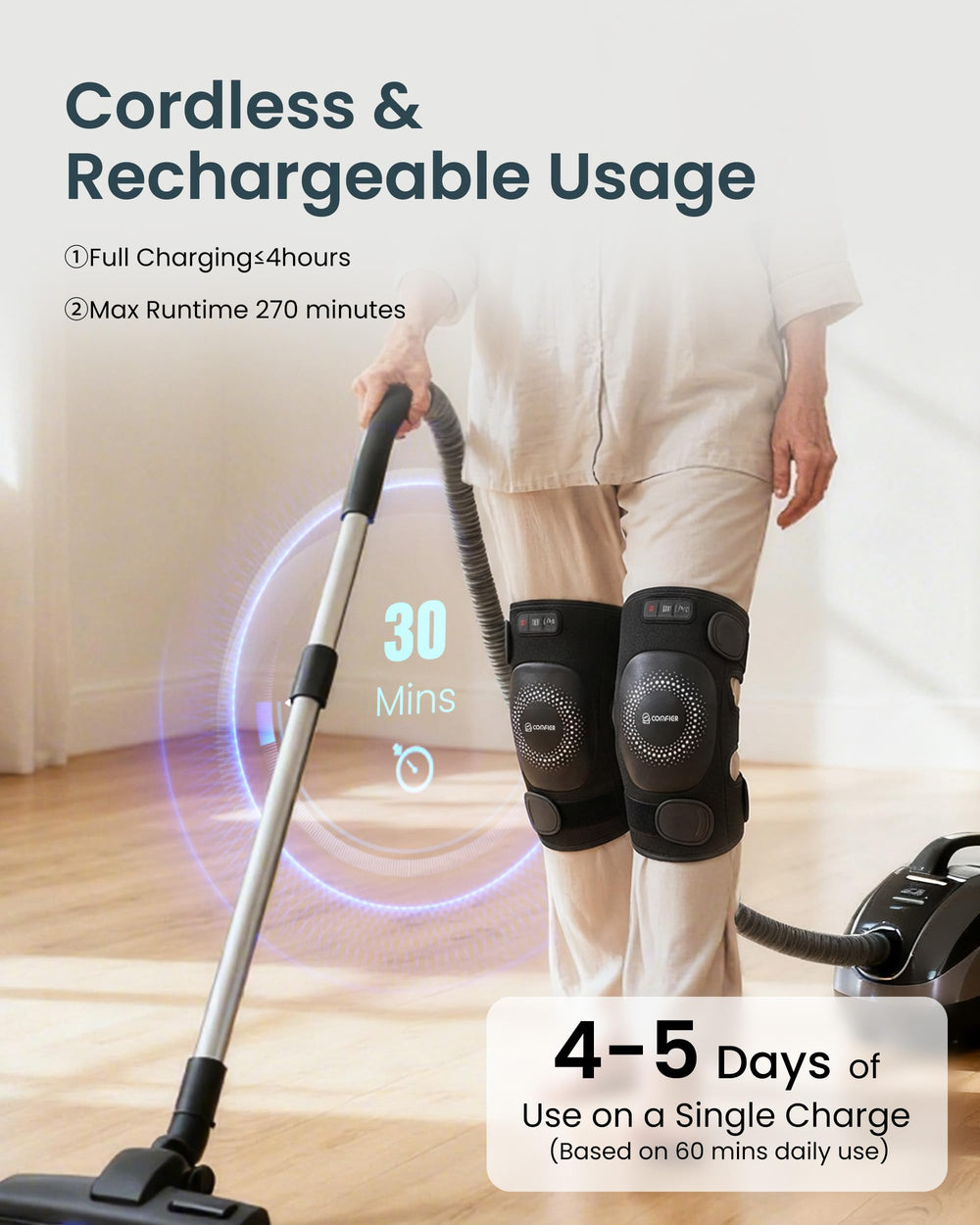 COMFIER knee massager with 360° vibration targeting front and back knees.