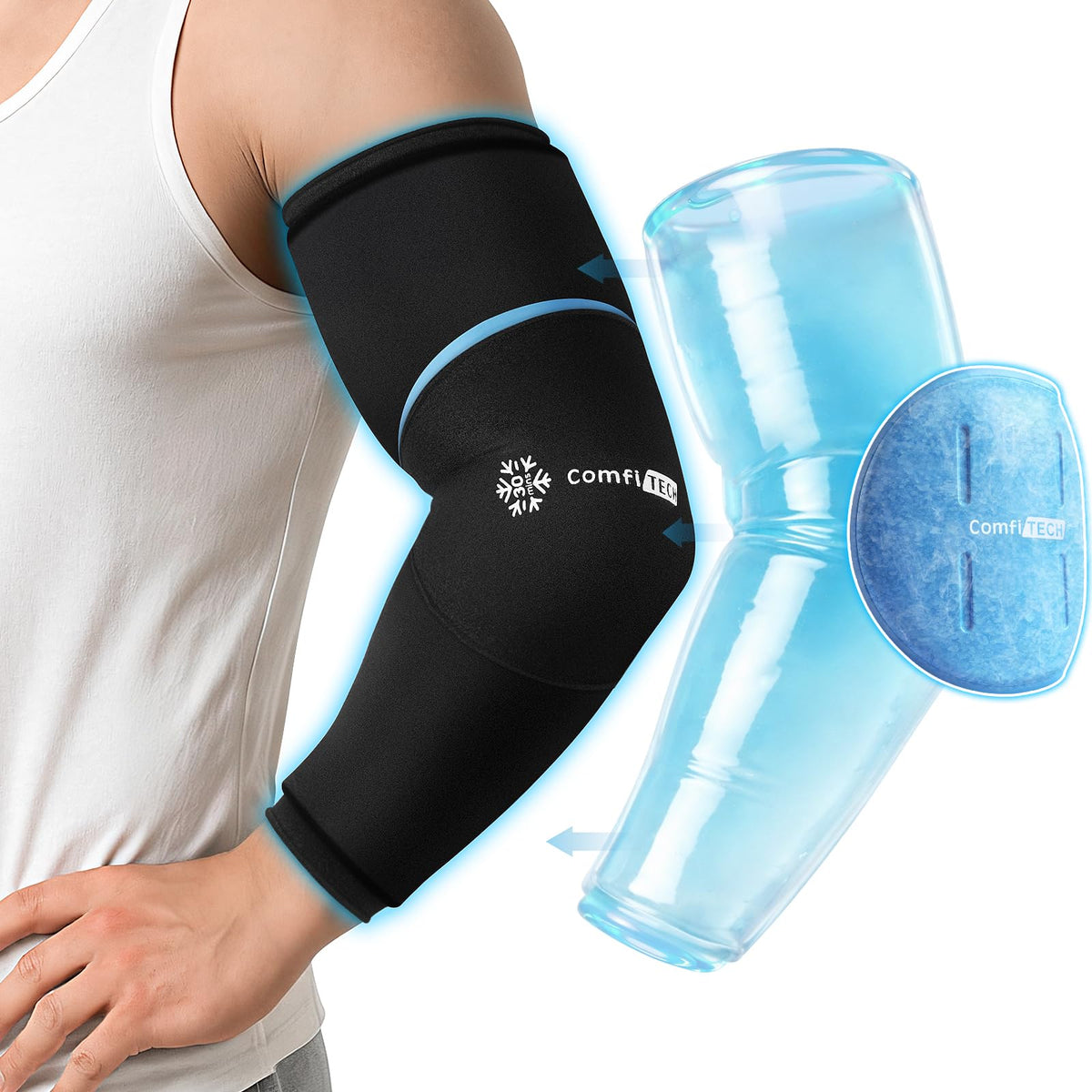 ComfiTECH dual-gel arm wrap provides long-lasting cooling for the arm, elbow, and wrist.