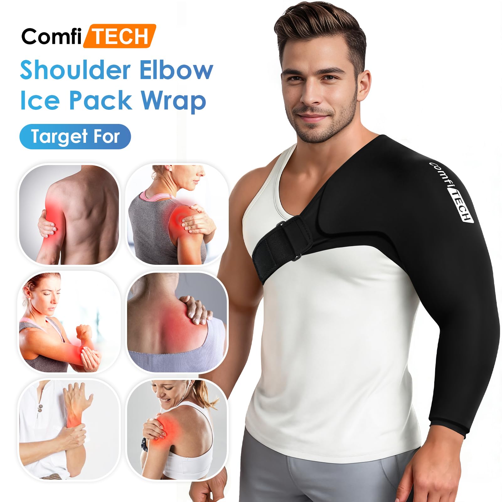 Comfitech elbow ice sleeve close-up shows focused cooling for muscle relief.