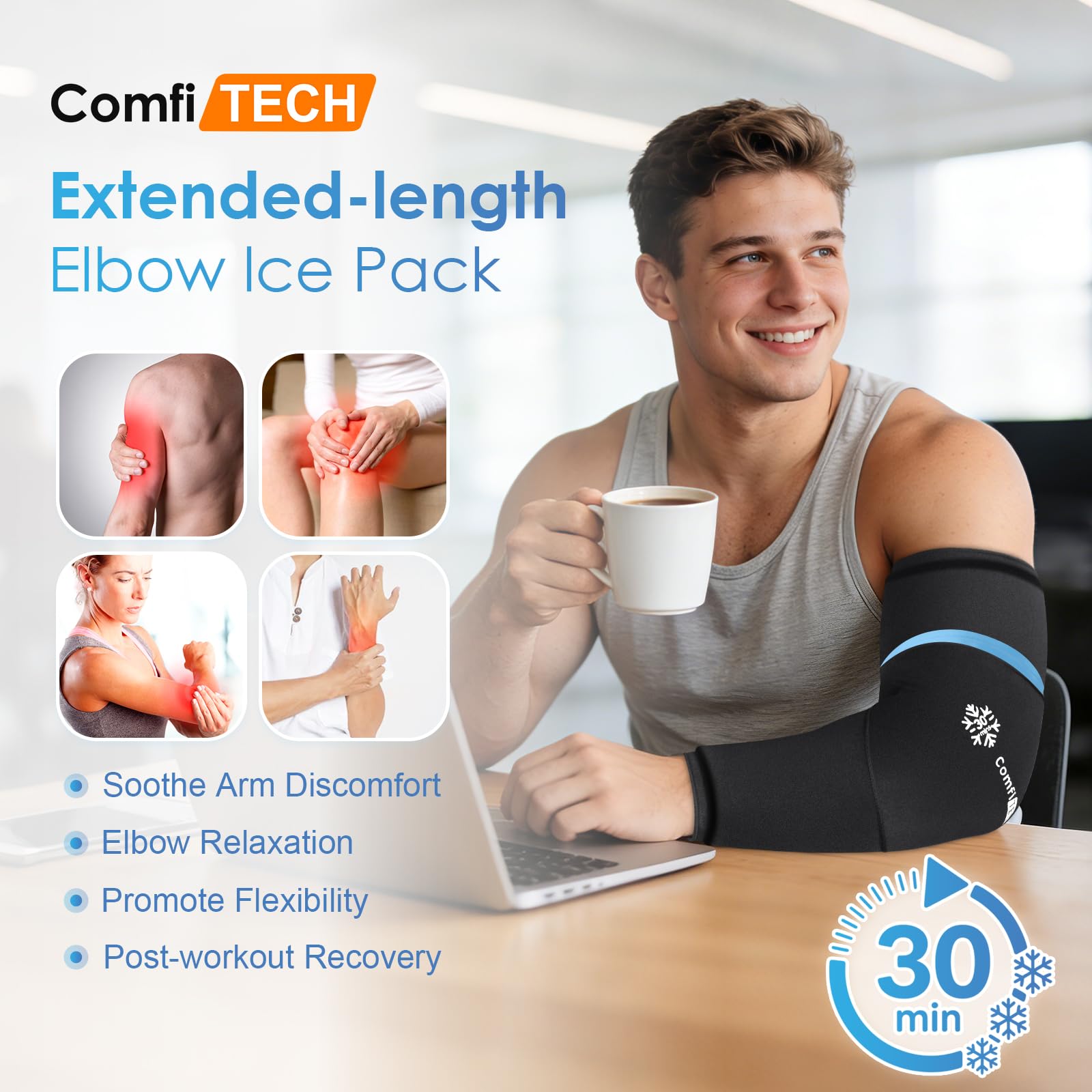 ComfiTECH flexible gel sleeve contours to the arm for secure, full-coverage cooling.