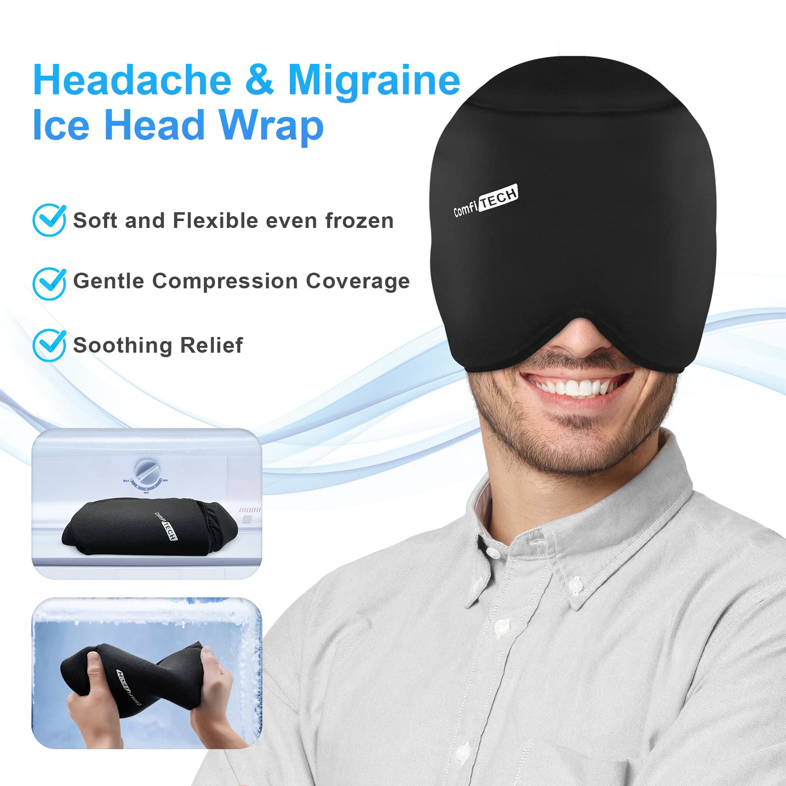 ComfiTECH head ice pack wrap side view shows snug, flexible gel fit.
