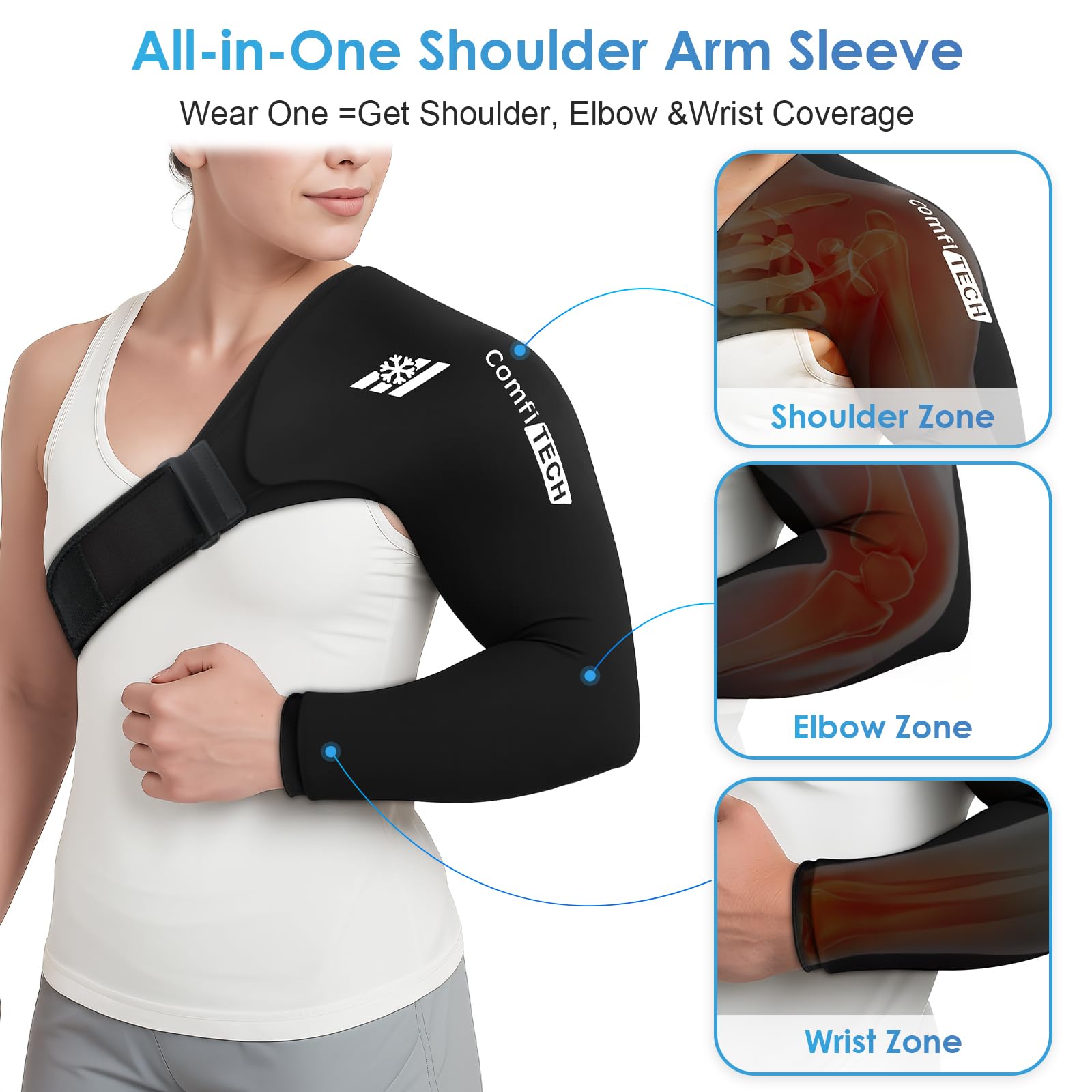 ComfiTECH shoulder arm ice pack wrap with adjustable straps and soft Lycra for comfy wear